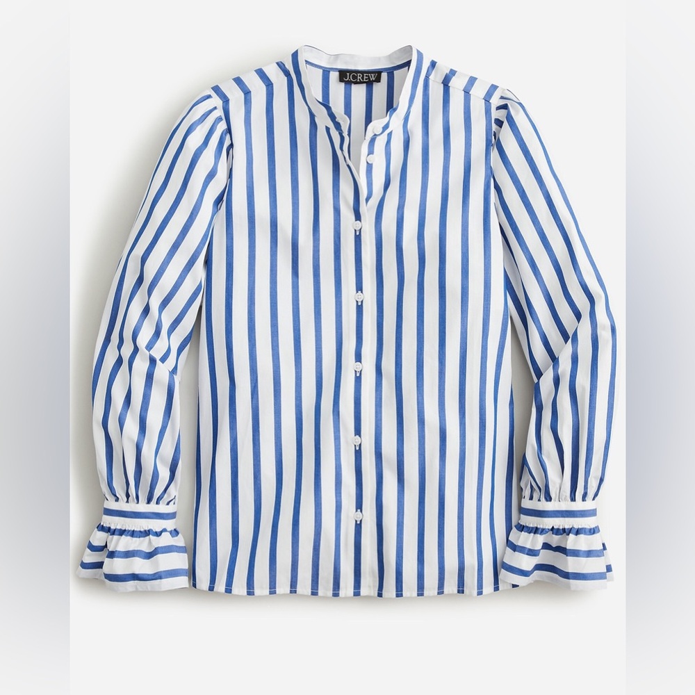 NWT JCrew Long-sleeve button-up with ruffle cuffs. Color: Regal Blue. Size Small